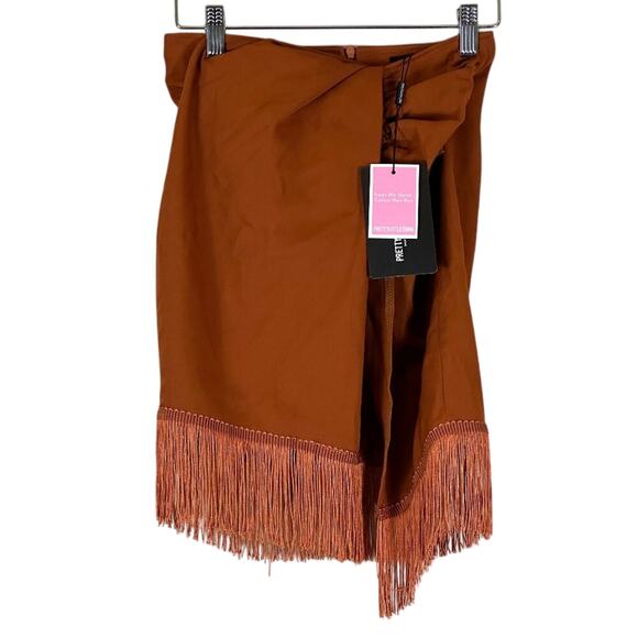 NWT PrettyLittleThing Burnt Orange Tassel Hem Mini Skirt Womens 2 Boho Western - Picture 3 of 8